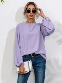 Frill Neck Bishop Sleeve Blouse - Lilac Purple - View 1