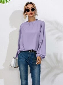 Frill Neck Bishop Sleeve Blouse - Lilac Purple - View 3