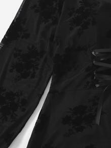 網紗拼接洋裝 - 黑色 - 查看 3