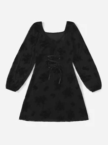 網紗拼接洋裝 - 黑色 - 查看 5