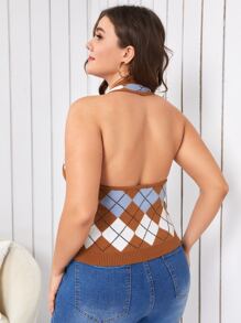 SHEIN 大碼菱形印花露背針織上衣 - 彩色 - 查看 4