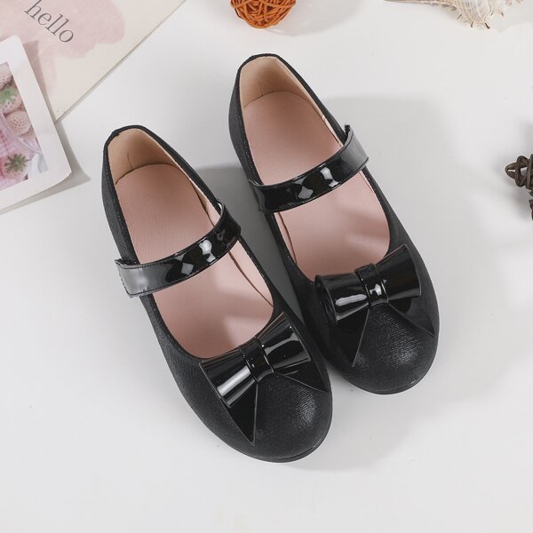 

Girls Bow Decor Velcro Strap Flats, Black