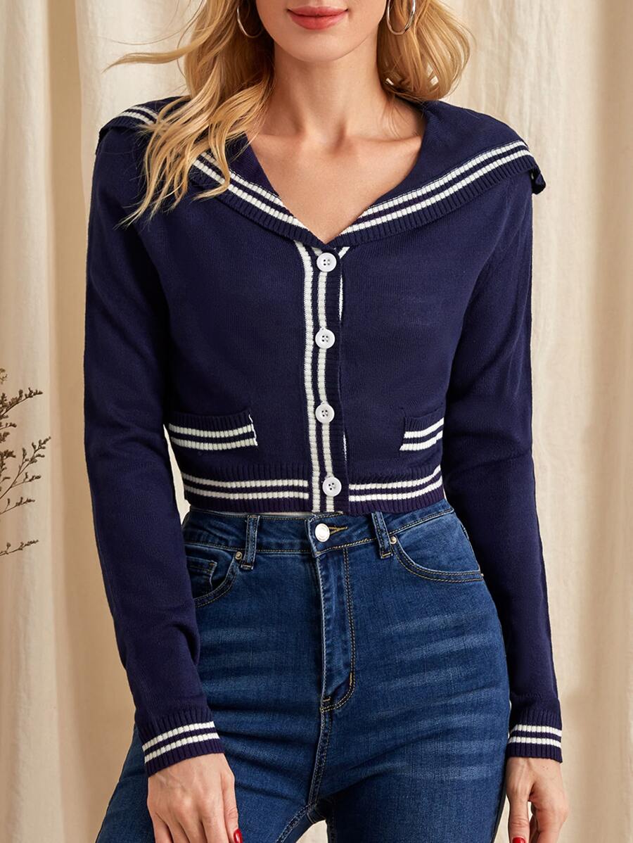 SHEIN Striped Sailor Collar Cardigan - Navy Blue - View 1