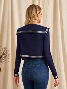 SHEIN Striped Sailor Collar Cardigan - Navy Blue - View 2