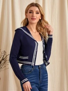 SHEIN Striped Sailor Collar Cardigan - Navy Blue - View 3