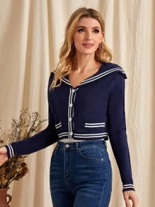 SHEIN Striped Sailor Collar Cardigan - Navy Blue - View 4