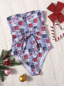 Christmas Print Knot Front Bandeau One Piece Swimsuit Summer - Multicolor - View 1