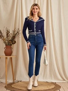 SHEIN Striped Sailor Collar Cardigan - Navy Blue - View 5