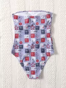 Christmas Print Knot Front Bandeau One Piece Swimsuit Summer - Multicolor - View 2