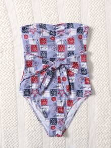 Christmas Print Knot Front Bandeau One Piece Swimsuit Summer - Multicolor - View 3