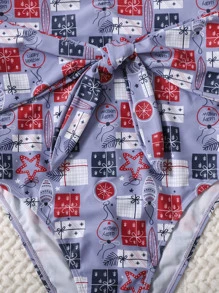 Christmas Print Knot Front Bandeau One Piece Swimsuit Summer - Multicolor - View 4