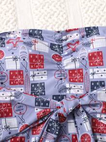 Christmas Print Knot Front Bandeau One Piece Swimsuit Summer - Multicolor - View 5