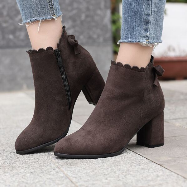 

Bow Decor Side Zipper Chunky Heeled Boots, Chocolate brown