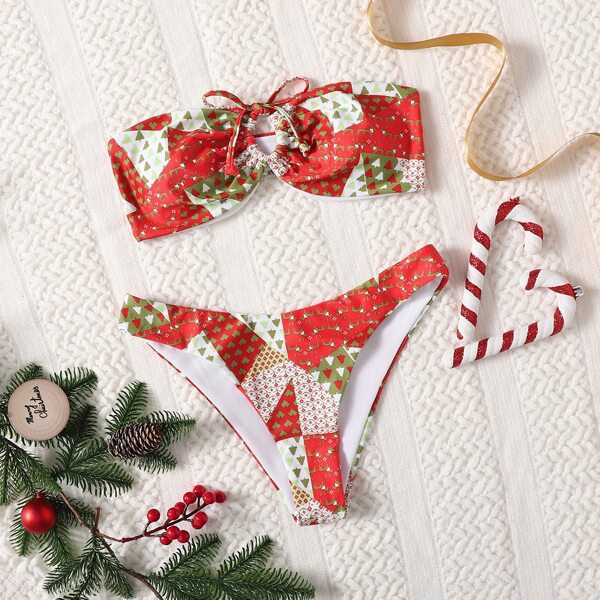 

Christmas Print Tie Front Bandeau Bikini Swimsuit, Multicolor