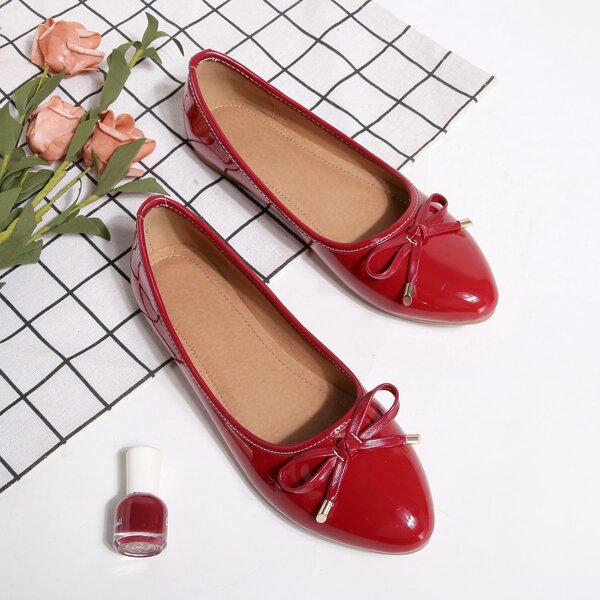 

Bow Decor Stitch Detail Flats, Red