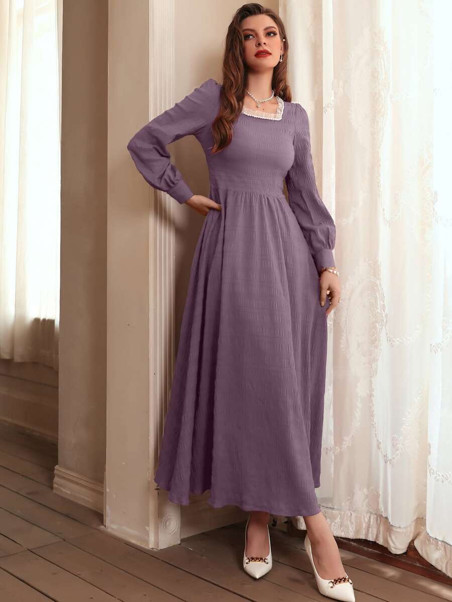 Mulvari 珍珠褶邊燈籠袖褶皺洋裝 - 淡紫色 - 查看 1