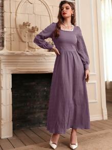 Mulvari 珍珠褶邊燈籠袖褶皺洋裝 - 淡紫色 - 查看 3