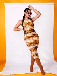 SHEIN BAE Tie Dye Ruched Bodycon Dress Without Belt