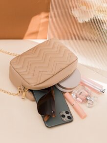 極簡風格鋸齒紋衍縫鏈條方包 - 卡其色 - 查看 2