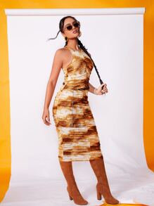 SHEIN BAE Tie Dye Ruched Bodycon Dress Without Belt