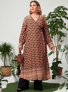 Mulvari Plus Geo & Striped Print Abaya - Multicolor - View 1