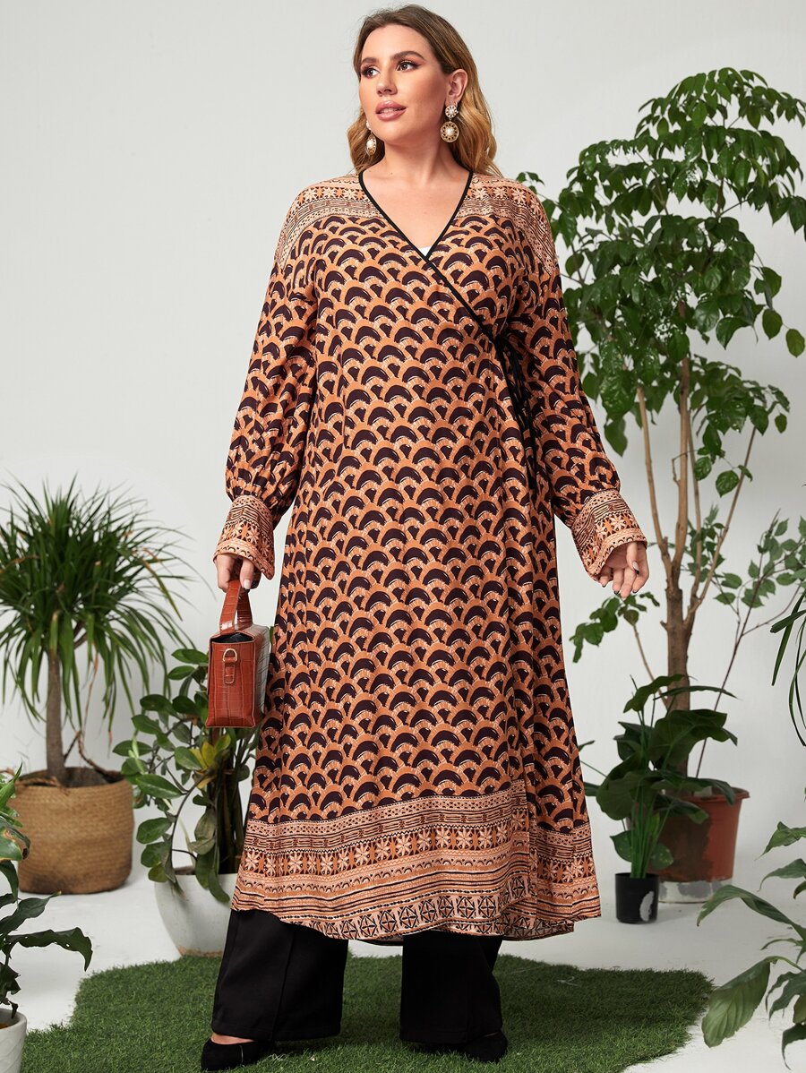 Mulvari Plus Geo & Striped Print Abaya - Multicolor - View 1