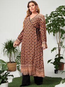 Mulvari Plus Geo & Striped Print Abaya - Multicolor - View 4