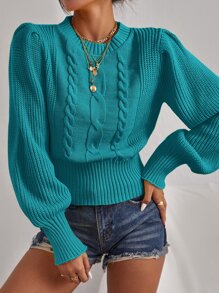 SHEIN Privé Cable Knit Lantern Sleeve Sweater,Long Sleeve Tops, Fall And Winter, Casual, Longsleeve, Crewneckl - Cadet Blue - View 3