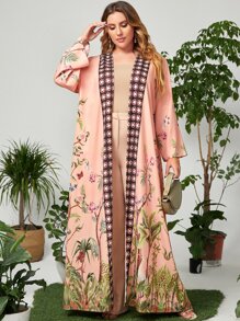 Al Najma Plus Botanical Print Belted Abaya - Multicolor - View 1