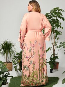 Al Najma Plus Botanical Print Belted Abaya - Multicolor - View 2