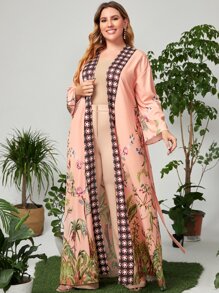 Al Najma Plus Botanical Print Belted Abaya - Multicolor - View 3
