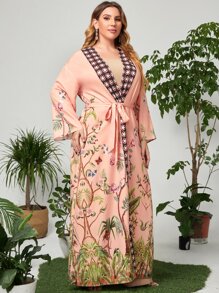 Al Najma Plus Botanical Print Belted Abaya - Multicolor - View 4
