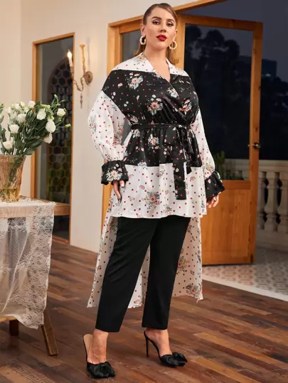 Mulvari Plus Bell Sleeve Polka Dot And Floral High Low Hem Belted Top