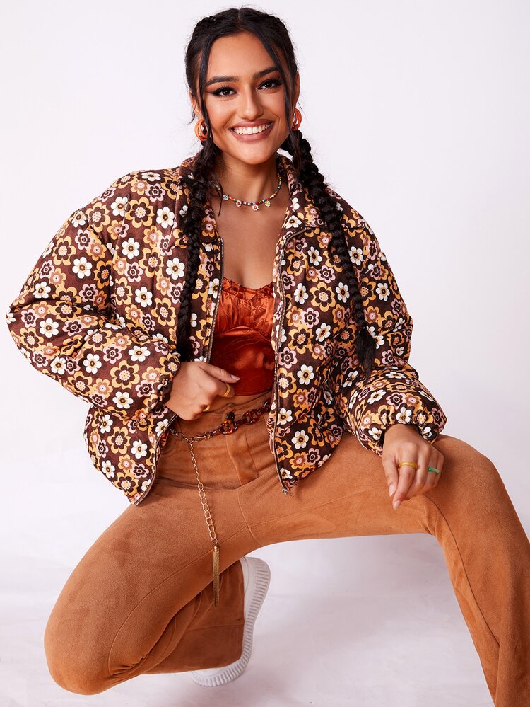 SHEIN Qutie Áo khoác đệm có khóa kéo in hoa toàn thân - Nhiều màu - Xem 2