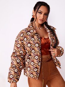 SHEIN Qutie Allover Floral Print Zip Up Padded Coat - Multicolor - View 3