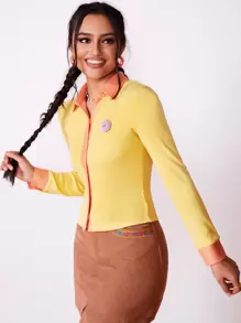 SHEIN Unity Floral Patched Button Up Top - Yellow - View 6