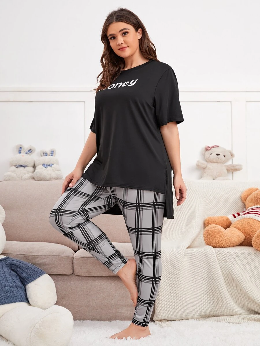 Plus Letter Graphic Plaid High Low Hem PJ Set - Multicolor - View 1