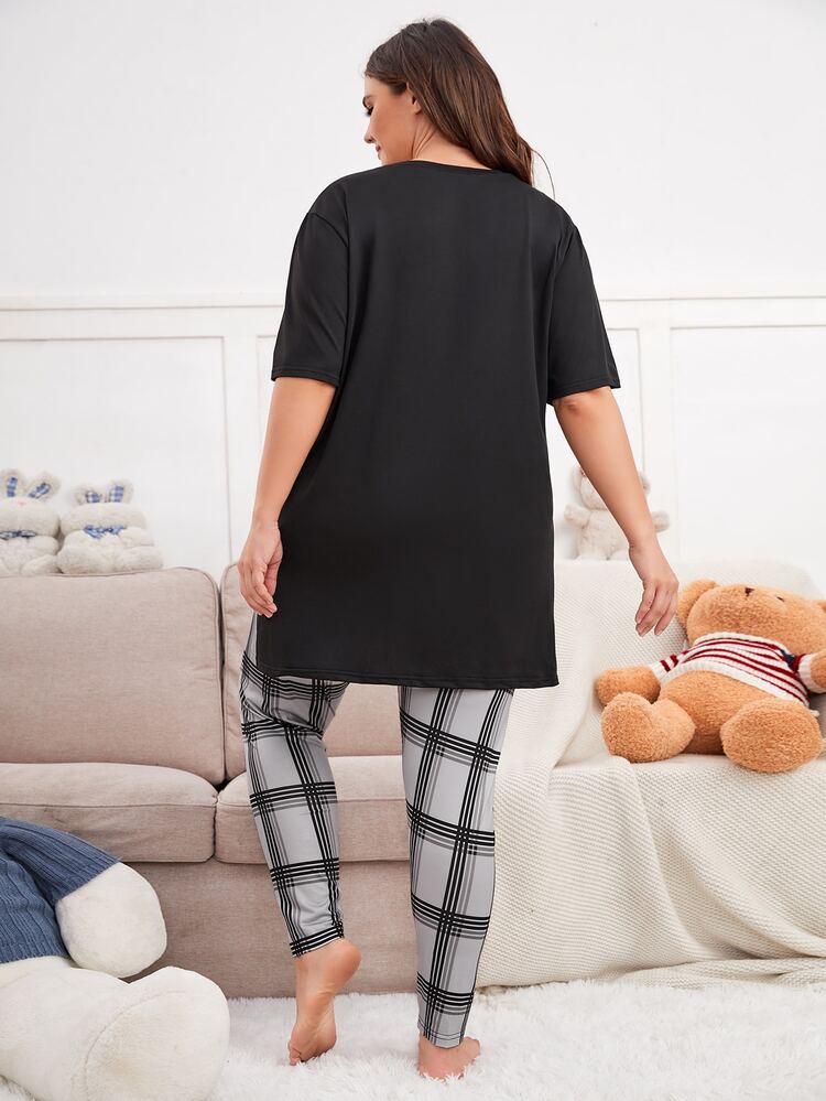 Plus Letter Graphic Plaid High Low Hem PJ Set - Multicolor - View 2