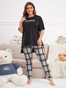 Plus Letter Graphic Plaid High Low Hem PJ Set - Multicolor - View 3