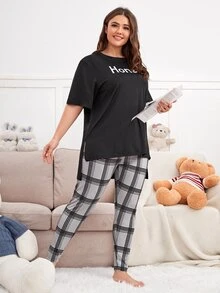 Plus Letter Graphic Plaid High Low Hem PJ Set - Multicolor - View 4