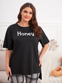 Plus Letter Graphic Plaid High Low Hem PJ Set - Multicolor - View 5