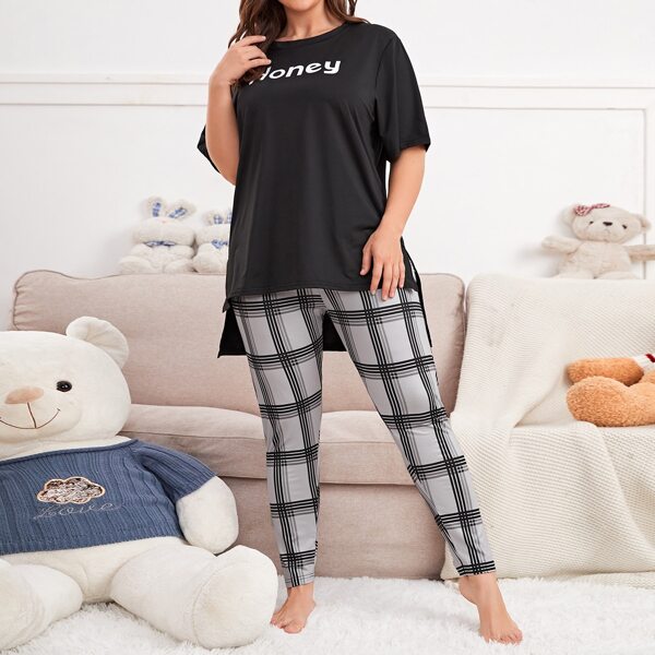 

Plus Letter Graphic Plaid High Low Hem PJ Set, Multicolor
