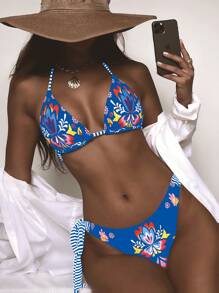 Floral Print Knot Side Bikini Set, For Summer Beach Vacation - Multicolor - View 1