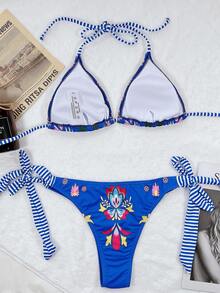 Floral Print Knot Side Bikini Set, For Summer Beach Vacation - Multicolor - View 2