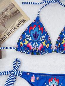 Floral Print Knot Side Bikini Set, For Summer Beach Vacation - Multicolor - View 3