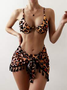 3packs Leopard Underwire Bikini & Tassel Hem Beach Skirt, For Summer Vacation - Orange - View 1