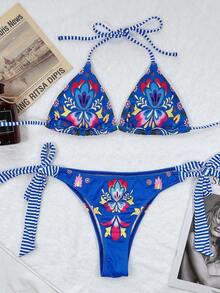 Floral Print Knot Side Bikini Set, For Summer Beach Vacation - Multicolor - View 4
