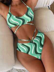 Wave Pattern Halter Bikini - Multicolor - View 1