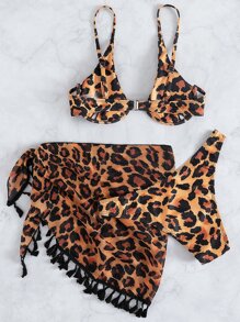 3packs Leopard Underwire Bikini & Tassel Hem Beach Skirt, For Summer Vacation - Orange - View 2