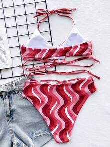 Wave Pattern Halter Bikini - Multicolor - View 2